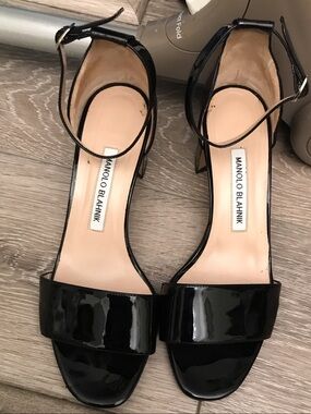 Manolo Blahnik Black Patent Leather Ankle-Strap Heels